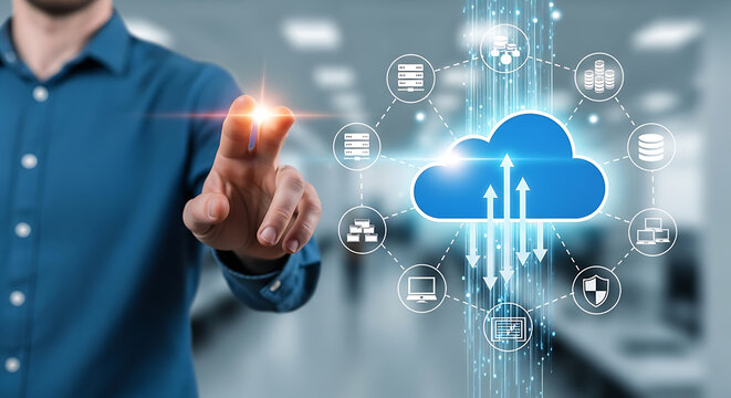 Modern cloud computing solution with a man touching interactive interface representing data management and security through advanced technology