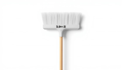 Cleaning brush with white bristles and wooden handle on white background  