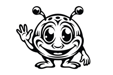 Smiling alien with big eyes waving hello as a welcoming cosmic friend