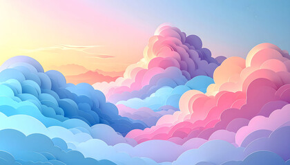 A vector illustration of abstract cloud formations. Shows a cut-paper layered effect with a soft, dreamy pastel color palette in a stylized, ethereal sky