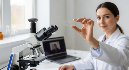 Scientist analyzing sample under microscope while consulting online in a modern laboratory