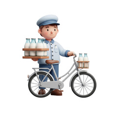 Milkman Riding Bicycle Carrying Milk Bottles on transparent Background Character Illustration