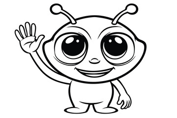 Smiling cartoon alien creature with two antennae waves hello cheerfully to everyone