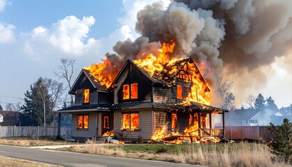 Inferno's Embrace: A two-story house is engulfed in flames and smoke, creating a dramatic and devastating scene that underscores the power of destruction. 
