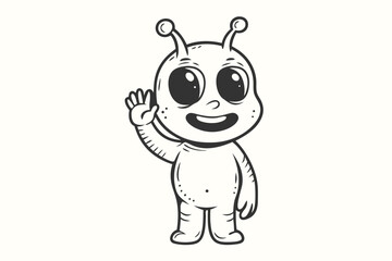 Smiling cartoon alien with big eyes is waving his hand in monochrome