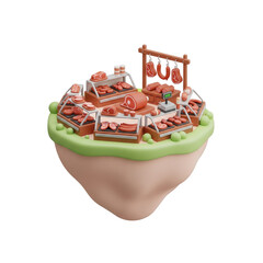 Isometric Cartoon Butchers Shop With Meat Products On A Floating Island Concept