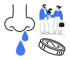 Nose dripping blue drops, two professionals shaking hands holding documents, and a coin highlight a theme of business dealings, health, and financial issues. Ideal for business, health, finance