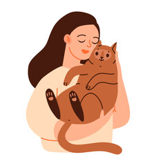 Cute cat and woman embrace. Cat adoption concept. Pet owner with kitten. Flat vector illustration.