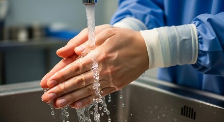 Surgeon washing hands thoroughly under running water in stainless steel sink before operation, ensuring hygiene and safety in hospital environment.