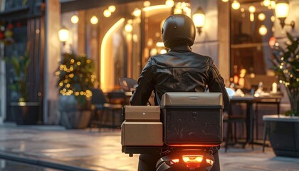 Night Delivery Scene: A delivery person speeds on a scooter, delivering packages down a street at night, with restaurant lights providing warm lighting.