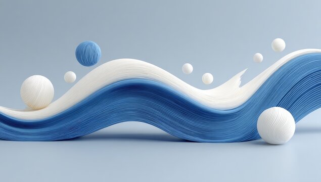 Abstract wavy forms, creamy white and vibrant blue, with spheres