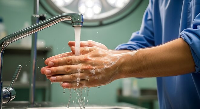 Surgeon washing hands thoroughly under running water in hospital operating room before surgery to maintain hygiene and prevent infection. - Powered by Adobe