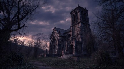 Gothic-style stone church with bare trees in eerie twilight