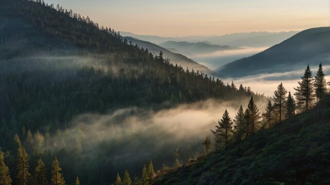 Foggy mountain pass with pine forest, early morning light beams - Powered by Adobe