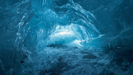 Fototapeta premium Shimmering ice caves with blue crystal walls, glowing interior light