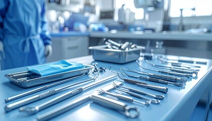 Surgical Tools in Sterile Environment: A meticulous array of gleaming surgical instruments rests upon a prepared surface within a sterile operating environment.
