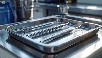 Dental Tools in Order: Close-up of dental tools meticulously arranged within a stainless steel tray, creating a clean, sterile environment ideal for dental work.