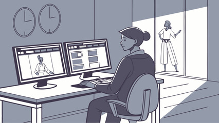 Fashion Design Graphic Designer Working on Computer Digital Illustration Clothing Design Software Modern Office Workspace Creative Process Style Apparel Garment Textile Illustration Designer Workplac.