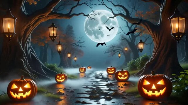Spooky Halloween Night with Jack-o&rsquo;-Lanterns and Full Moon. Perfect for Halloween, horror, and dark fantasy themes.