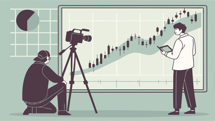 Fototapeta premium Filming a financial report stock market analysis business news modern workplace concept illustration.