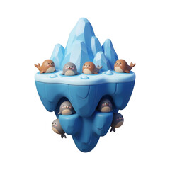 Cute 3D Cartoon Seals On An Iceberg Float In Transparent Background