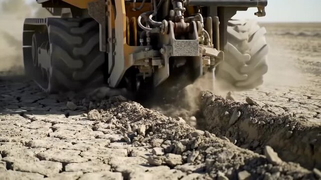 Tractor plowing dry land, leaving a furrow in the arid ground