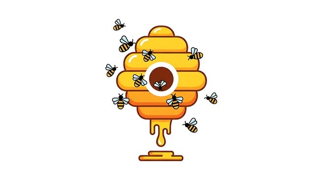 Vibrant bees buzz around a dripping golden beehive, symbolizing nature's sweet bounty and industrious teamwork