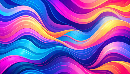 A vibrant vector illustration of abstract, flowing waves with a psychedelic aesthetic, featuring a dynamic blend of bright neon and rainbow-colored gradients