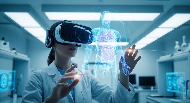 Female doctor interacts with holographic human body using virtual reality headset in modern laboratory, showcasing advanced medical technology and innovation.