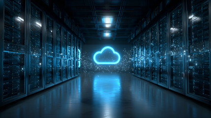Fototapeta premium Cloud computing symbol shining in server room corridor