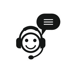 Smiling icon depicting a person with headphones and microphone, wearing a collared shirt