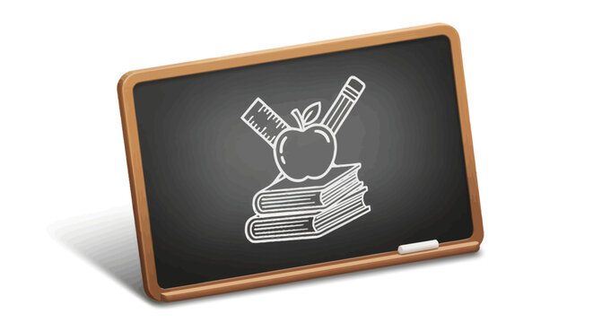 Chalkboard with Apple, Ruler, and Pencil Drawing on Stack of Books.