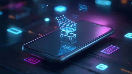 Shopping cart hovering over smartphone on futuristic circuit board, embracing the future of e commerce