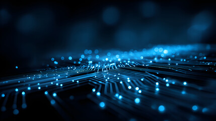 Futuristic circuit board glowing with data transferring