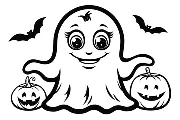 Smiling monochrome ghost stands between two pumpkins while bats fly behind on white