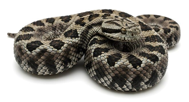 A coiled viper snake with a distinctive diamond pattern on its scales, showcasing its camouflage against a white background. - Powered by Adobe