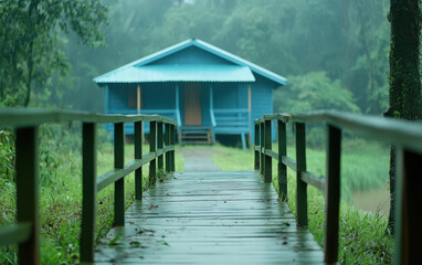 Obraz premium Rainy cabin wooden bridge forest mist blue house tranquil nature getaway mood. Rain drapes quiet woods and retreat