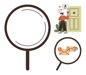Magnifying glass highlighting secure messages and locked door as a person scans their identity. Ideal for security, privacy, technology, communication, online safety, identity verification, digital