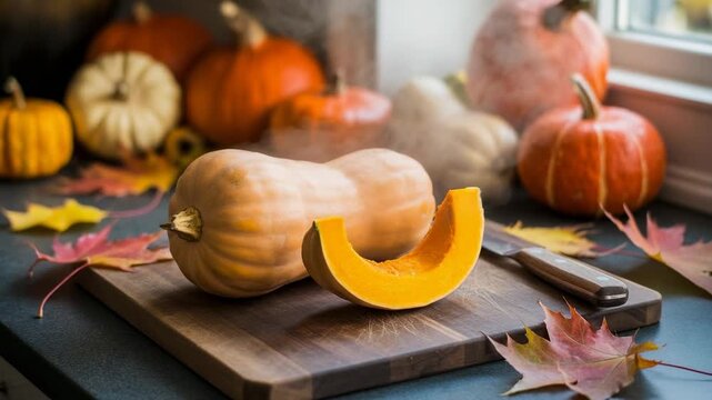 Butternut squash slice on a wooden cutting board, with autumnal leaves and other pumpkins in the background