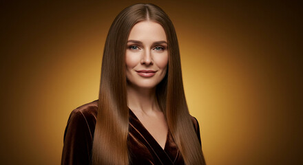 Elegant Woman with Long, Straight Brown Hair, Smiling on Golden Background.