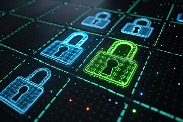A cybersecurity concept: glowing digital locks in a dark matrix grid.