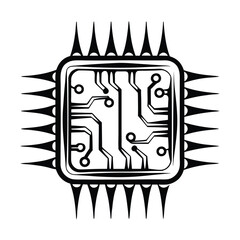 Square microprocessor sketch shows electronic circuitry and connections emanating outwards in a digital depiction