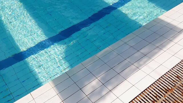Beautiful Background Closeup Surface Swimming Pool Aqua Turquoise Clear Transparent Fresh Hygienic Calm Ripple Wave Reflection Sunlight Morning Shadow Glow Bright White Ceramic Tile Floor Drain Edge