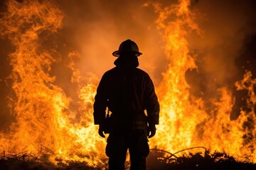 Naklejka premium A firefighter silhouetted against blazing flames.