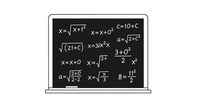 School chalkboard with handwritten algebraic equations and scientific formulas.