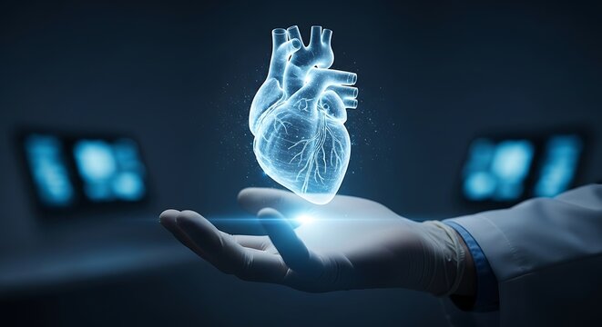 Human hand presenting holographic heart in futuristic medical environment, symbolizing advanced healthcare technology and innovation.