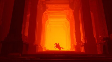 Fototapeta premium Fire horse galloping through ancient temple gates amidst glowing orange light at dusk