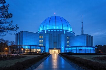 Obraz premium A futuristic fusion power plant glowing in blue light.