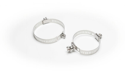 Stainless steel hose clamps on white background   