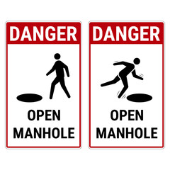 Obraz premium Open Manhole danger signs. Vector safety icons for workplace hazards, construction sites, public places